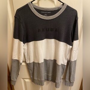 American Eagle Men’s small crewneck with large blue, white, & gray stripes.